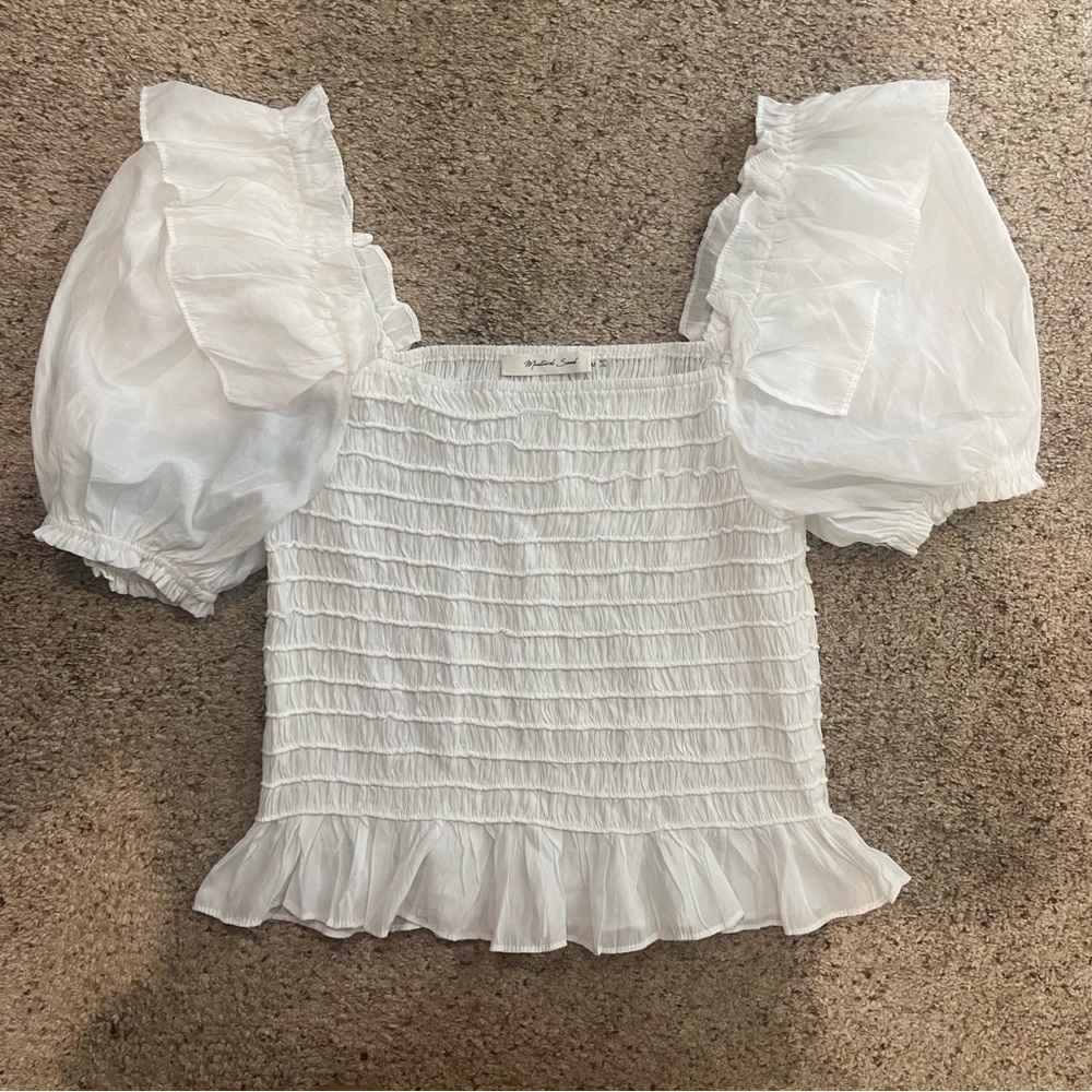 Mustard Seed White Ruffled Puff Sleeve Blouse